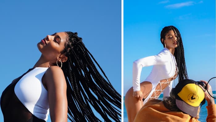 Exclusive behind the scenes of Danielle Herrington in Hollywood, FL wearing a LaQuan Smith.